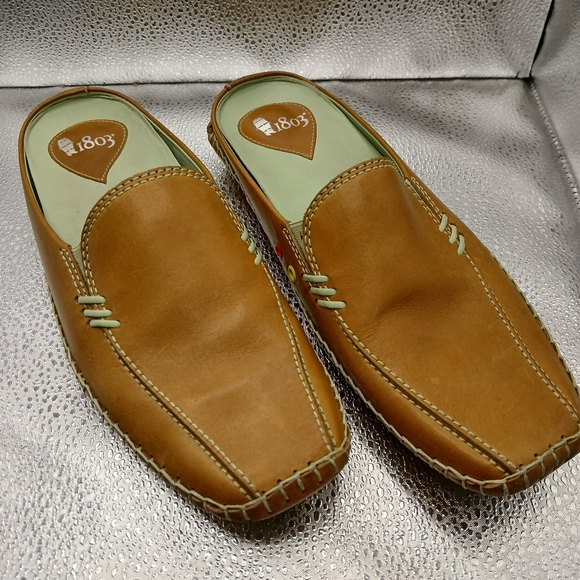 1803 Anthropology Brown & Green Leather Flat Mules Women's Size 38/7.5 - Picture 2 of 9